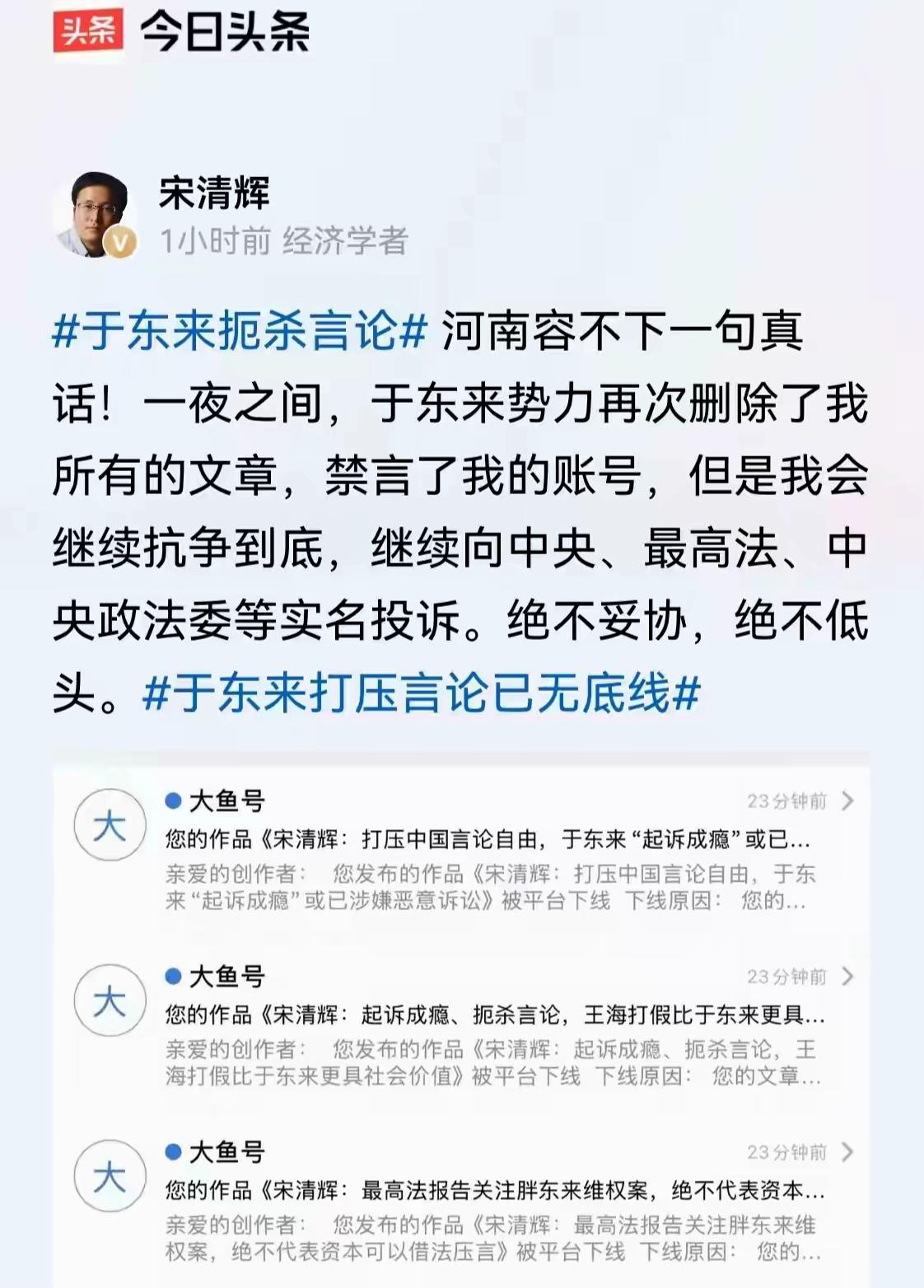 阿里旗下的大鱼号也成了于东来的势力？这是宋清辉说的。作为一个新发的经济学家，