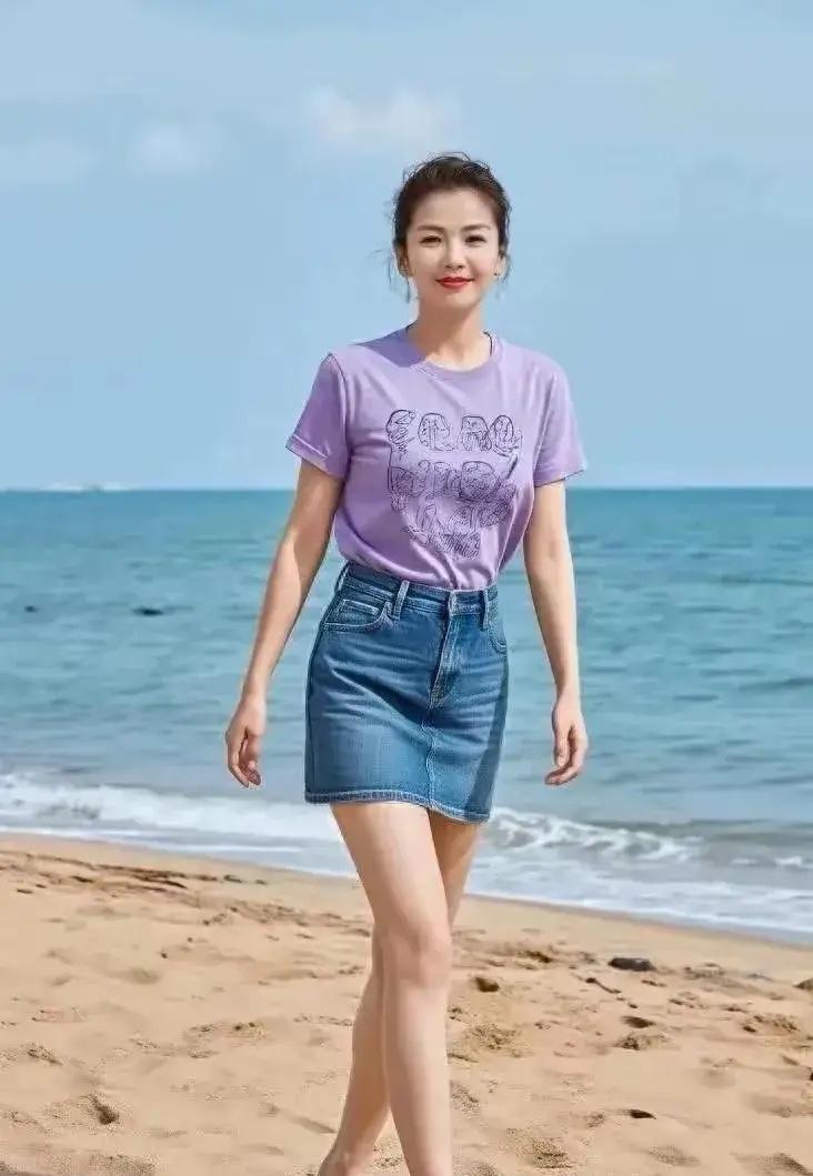 刘涛海边随拍简直开了“松弛感外挂”啊！紫色T恤配高腰牛仔裙，光脚踩在沙滩上晃悠，