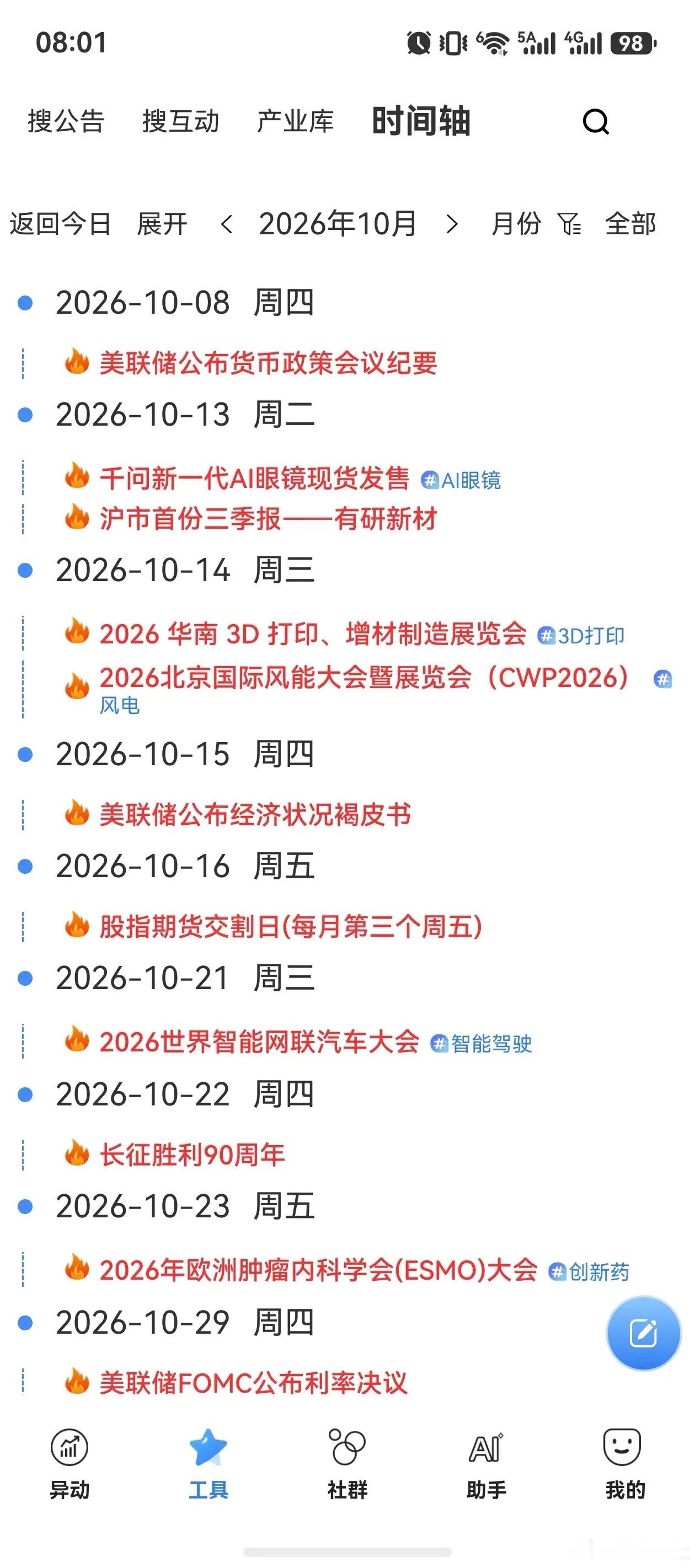 十月资本市场重要事件时间轴进入10月中下旬，不少产业大会、海外关键政策窗口密集落