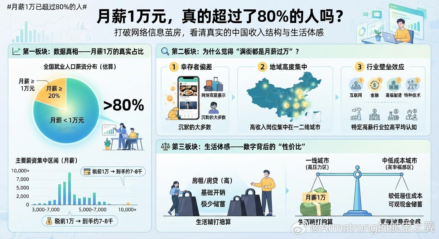 月薪1万已超过80%的人社交媒体、短视频和职场社区往往放大了高收入群体的声音。