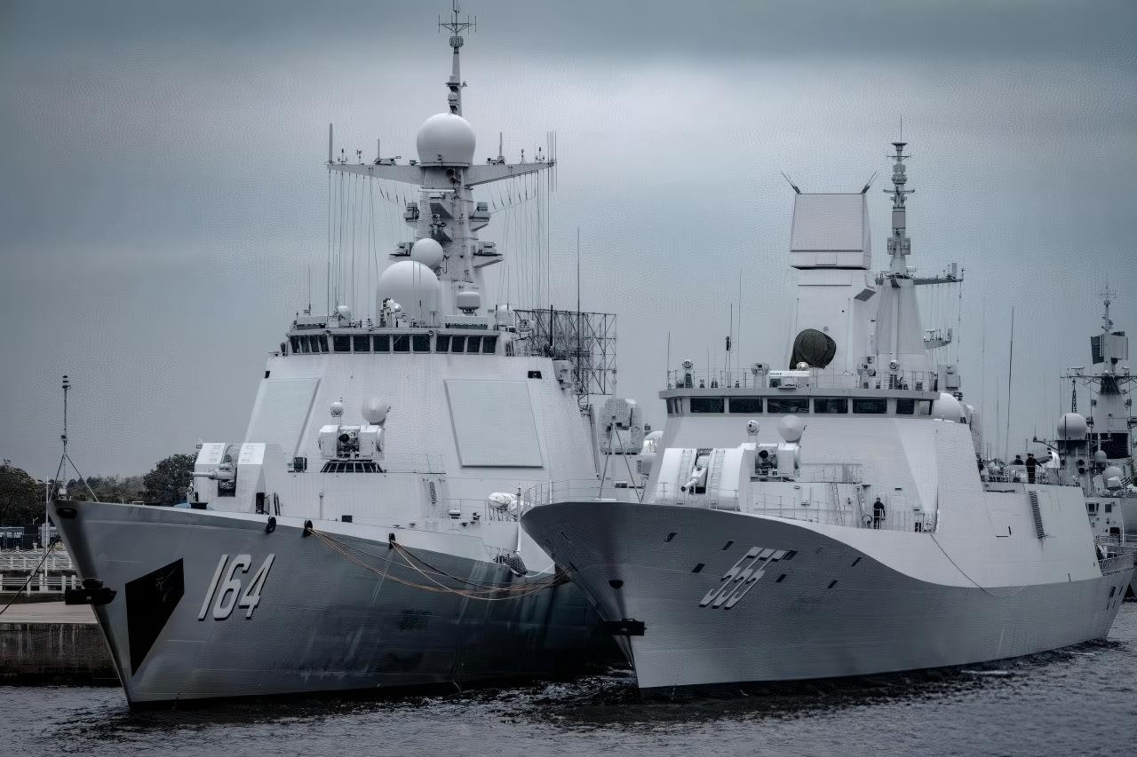 052D驱逐舰“桂林舰”与054B护卫舰“钦州舰”同框停放，看起来054B并不比