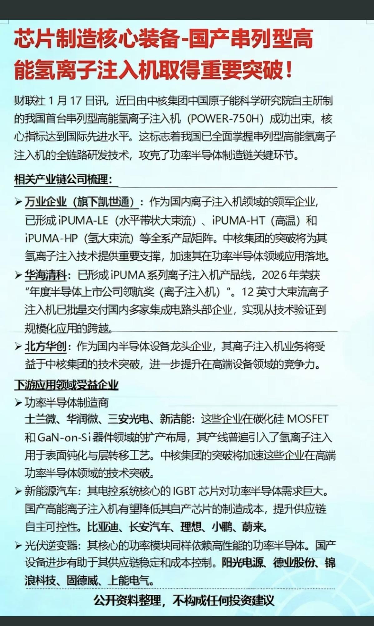 芯片设备：氢离子注入机取得重要突破！1月17日，我国首台串列型高能氢离子注入