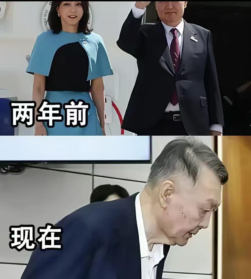 两年前的尹锡悦，还是风光无限的韩国总统，带着漂亮的妻子出访各国。可惜随着他媚日亲