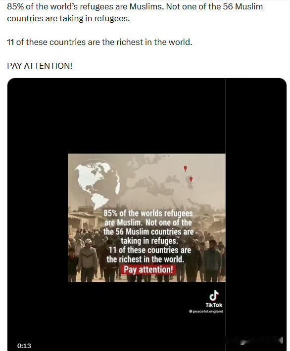 世界上85%的难民是穆斯林。在56个穆斯林国家中，没有一个在接收难民。其中有