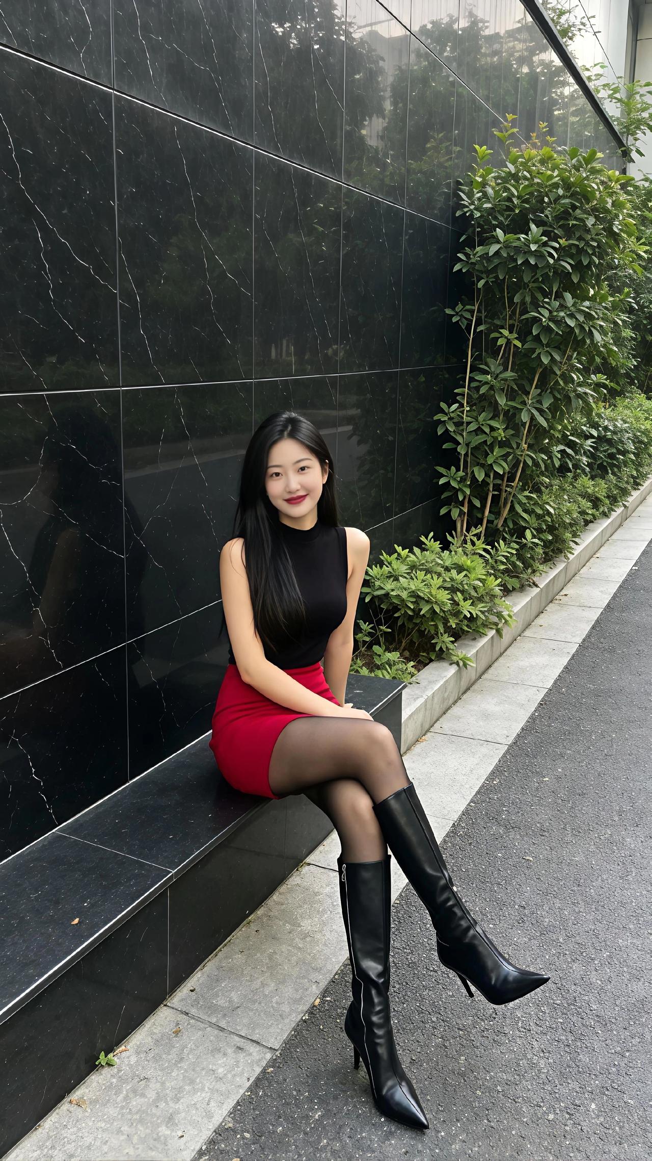 红裙配黑丝，御而不妖。御姐气质穿搭穿出长腿美感平底鞋给不了高跟鞋的气场