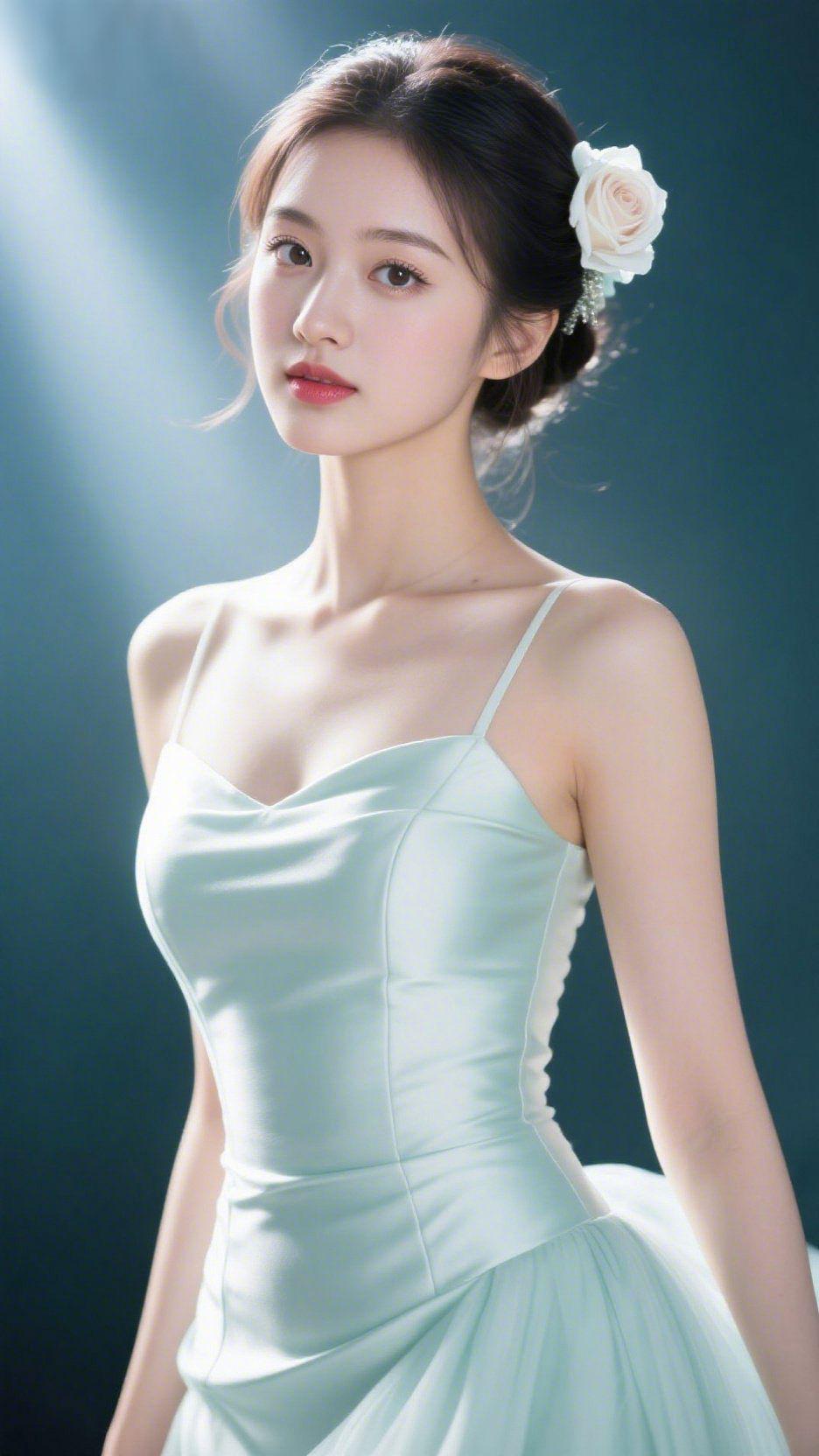 青裙沐光，雅致天成柔缓的光束穿过墨绿背景，落在浅绿吊带裙的面料上，缎面的光