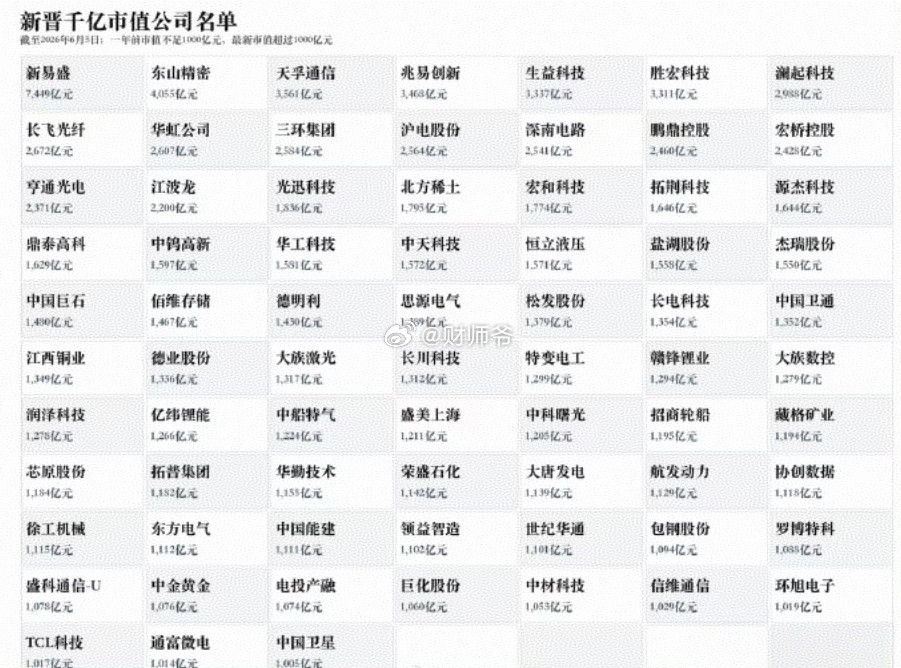 【2026年新晋千亿市值A股股票名单】这里面很多股都是2024年，甚至2025年