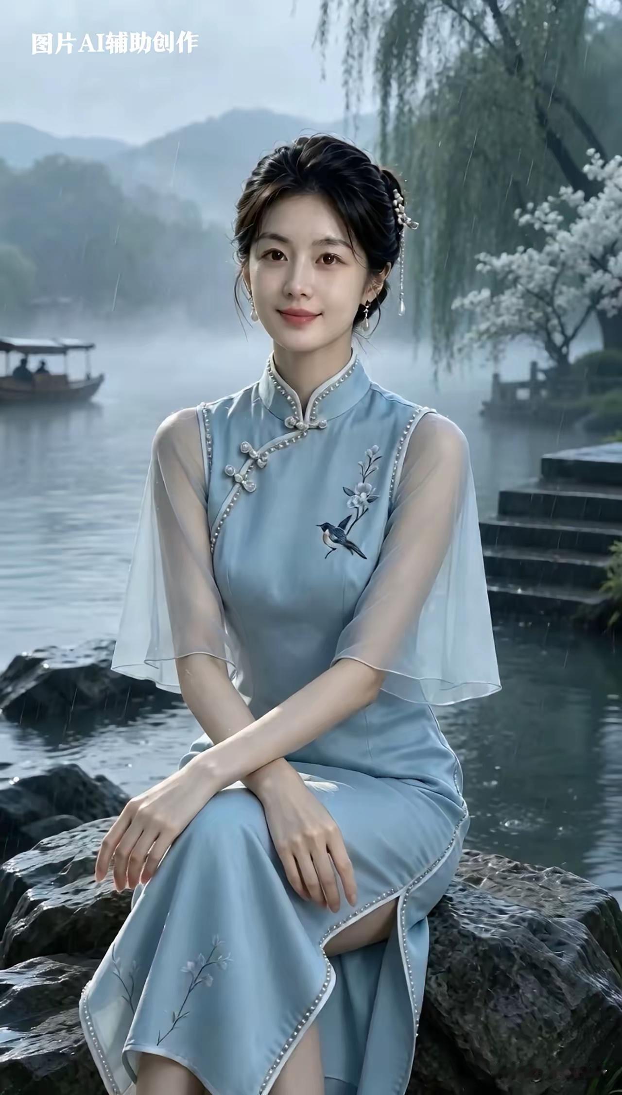 一个姑娘在雨中赏花，真美啊！