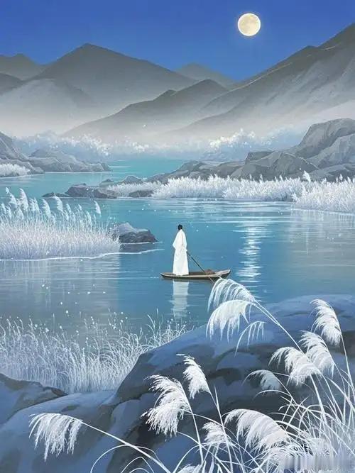 谢邀上联：江边芦雪迎残月，下联：岸柳飞絮落石崖，下联：山径松风伴晚钟。