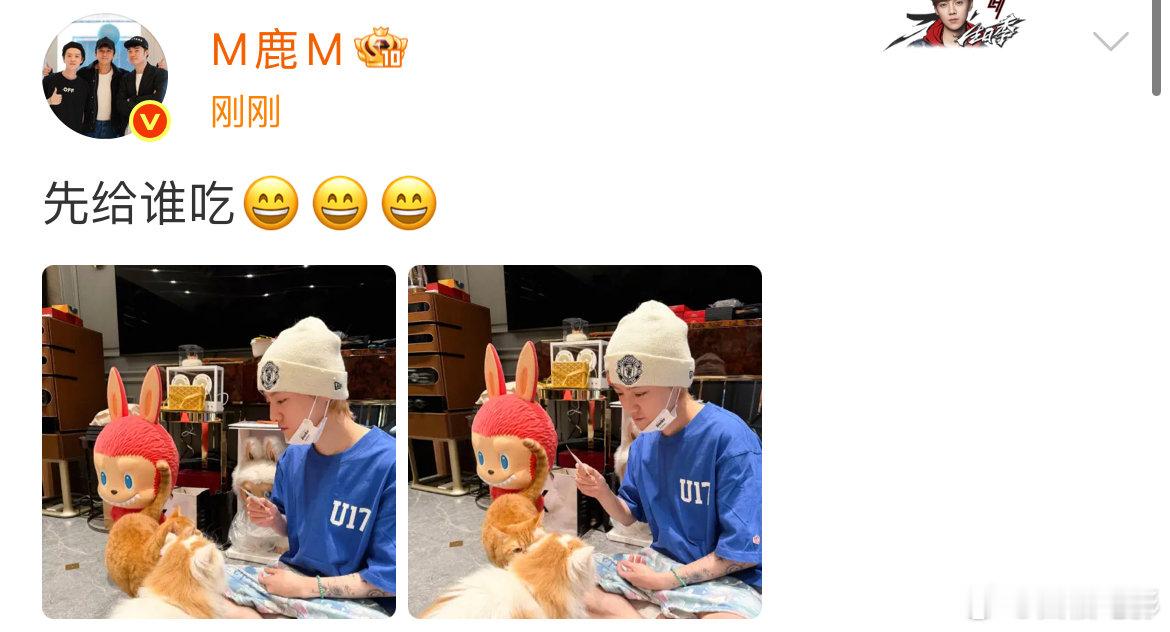 鹿晗晒喂猫照，并问：先给谁吃😄😄😄