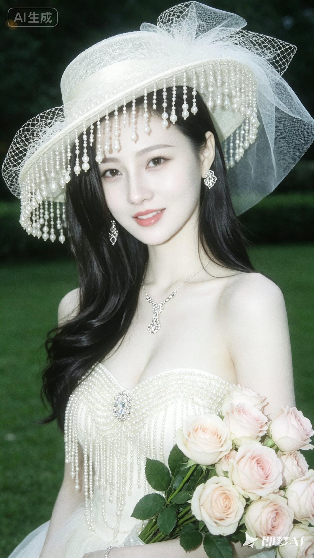 一位美女穿着婚纱，手捧玫瑰。