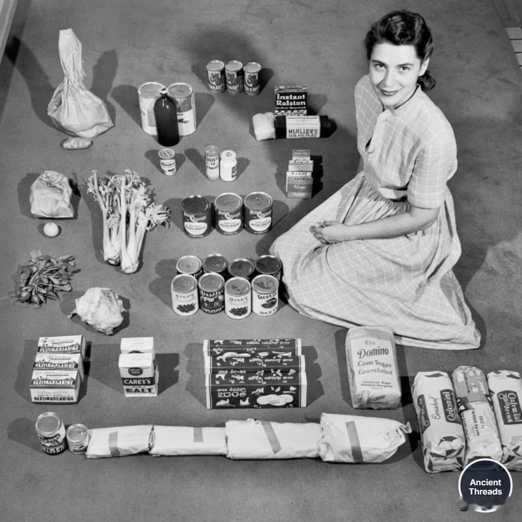 1947年，一位家庭主妇和她一周的食物合影。她每周花费12.50美元购买除牛奶之