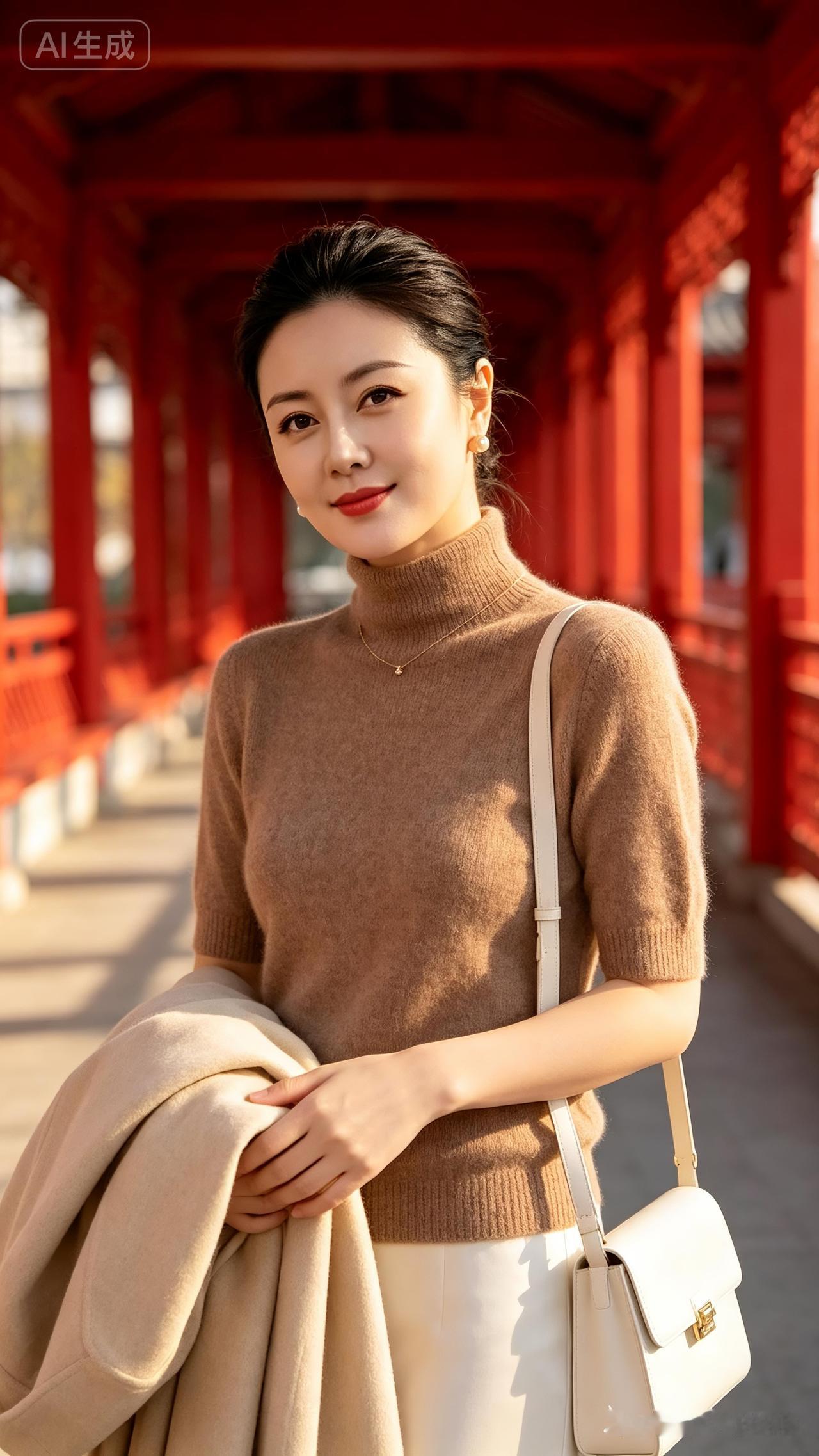 她站在红桥上，穿着棕色毛衣。