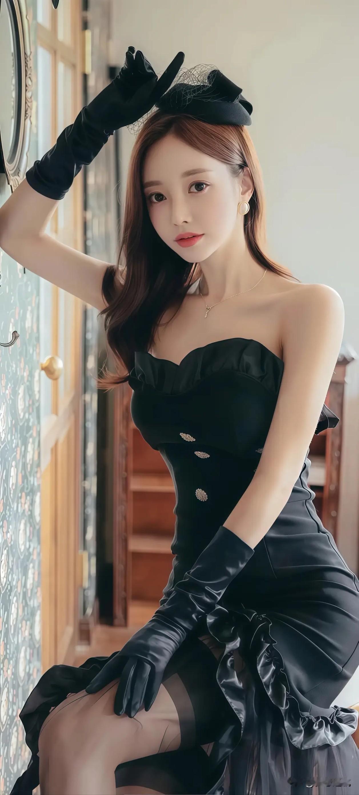 黑衣美人倚镜妆，红唇轻启似有香。孙允珠孙允珠极品美图古韵红衣女神红唇美人照