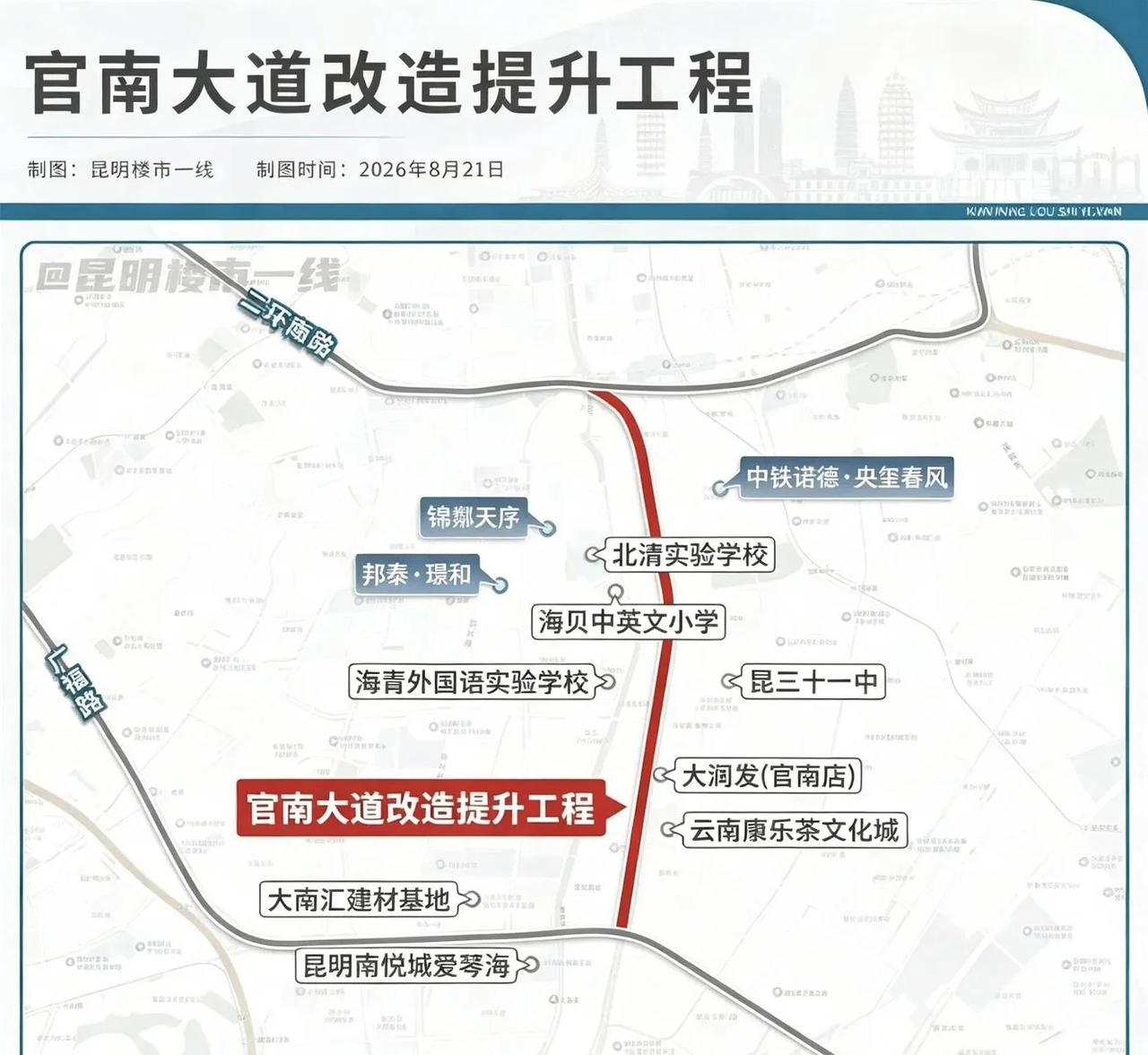 事关官渡区官南大道沿线及通勤于该片区域的人们，从二环南路到广福路的官南大道要提升