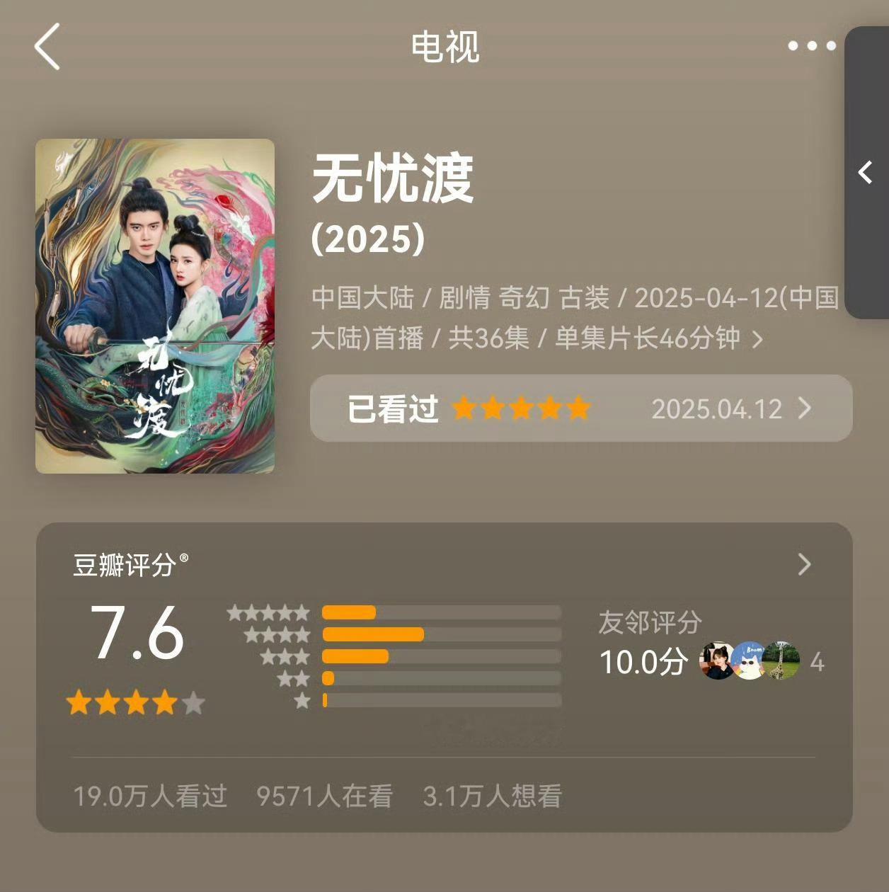 任嘉伦无忧渡🫘评分升至7.6，口碑爆剧播完半年多还能涨分！我们渡子长尾效应太牛