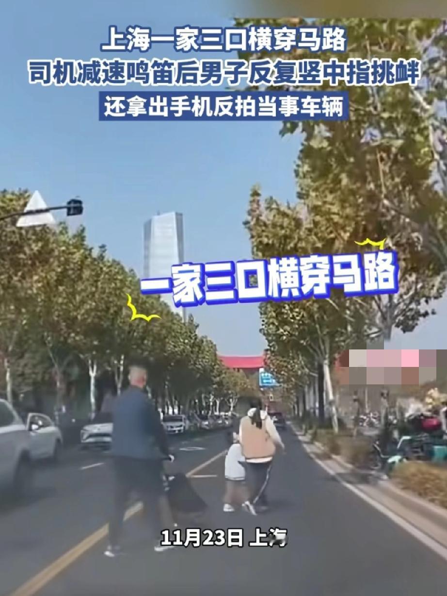 11月23日，上海。一家三口不走斑马线乱穿马路，司机鸣笛提醒后惹怒男子。男子在车