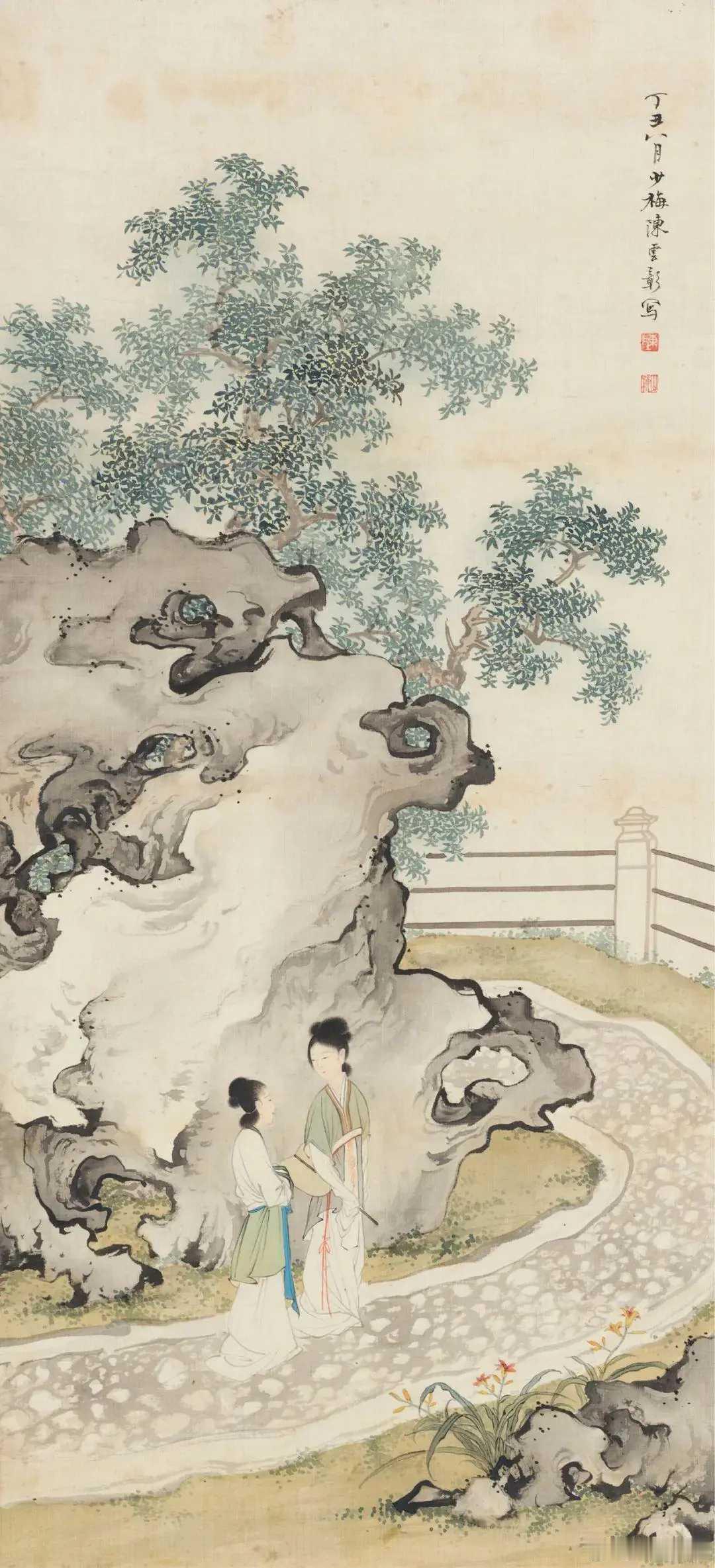 陈少梅《桂园仕女》，绢本立轴56×25cm，钤印：陈、少梅。题识：丁丑八月，