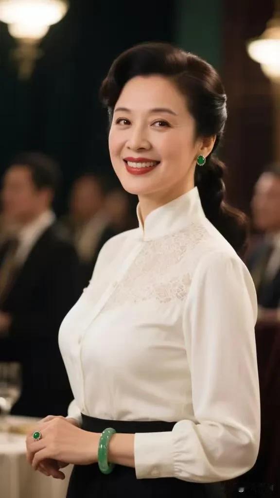 白缎立领衬着温婉气质，翡翠饰件在复古厅堂漾着温润光泽，浅笑抬眸间，是兼具雅致与端