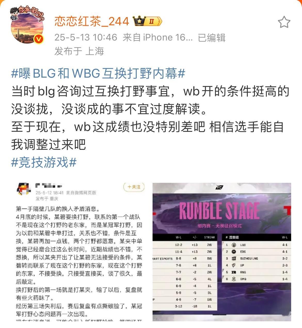 恋恋红茶谈BLG与WBG互换打野内幕：“当时blg咨询过互换打野事宜，wb开的条
