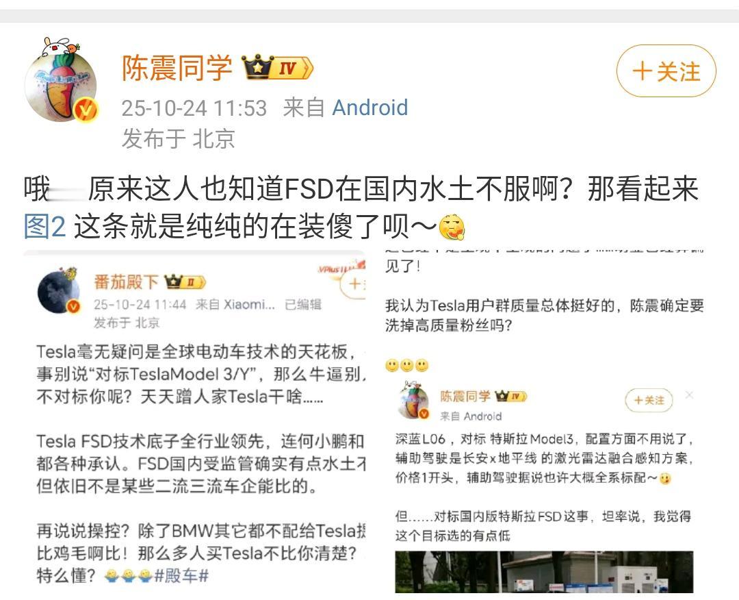 陈震:哦……原来这人也知道FSD在国内水土不服啊?那看起来图2这条就是纯纯的在装