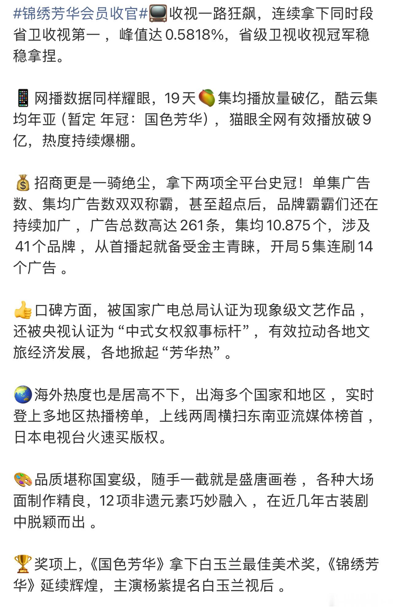 杨紫《锦绣芳华》实绩全面盘点：📺收视一路狂飙，连续拿下同时段省卫收视第一，峰