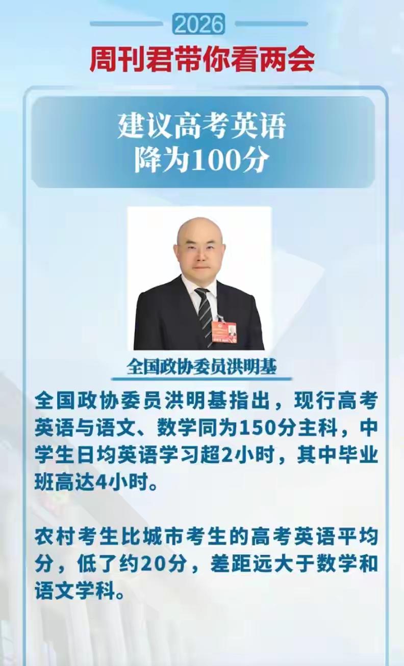 王兴兴看到这个提案都忍不住拍手鼓掌[捂脸哭]。没想到，人大代表洪明基建议：高考英语