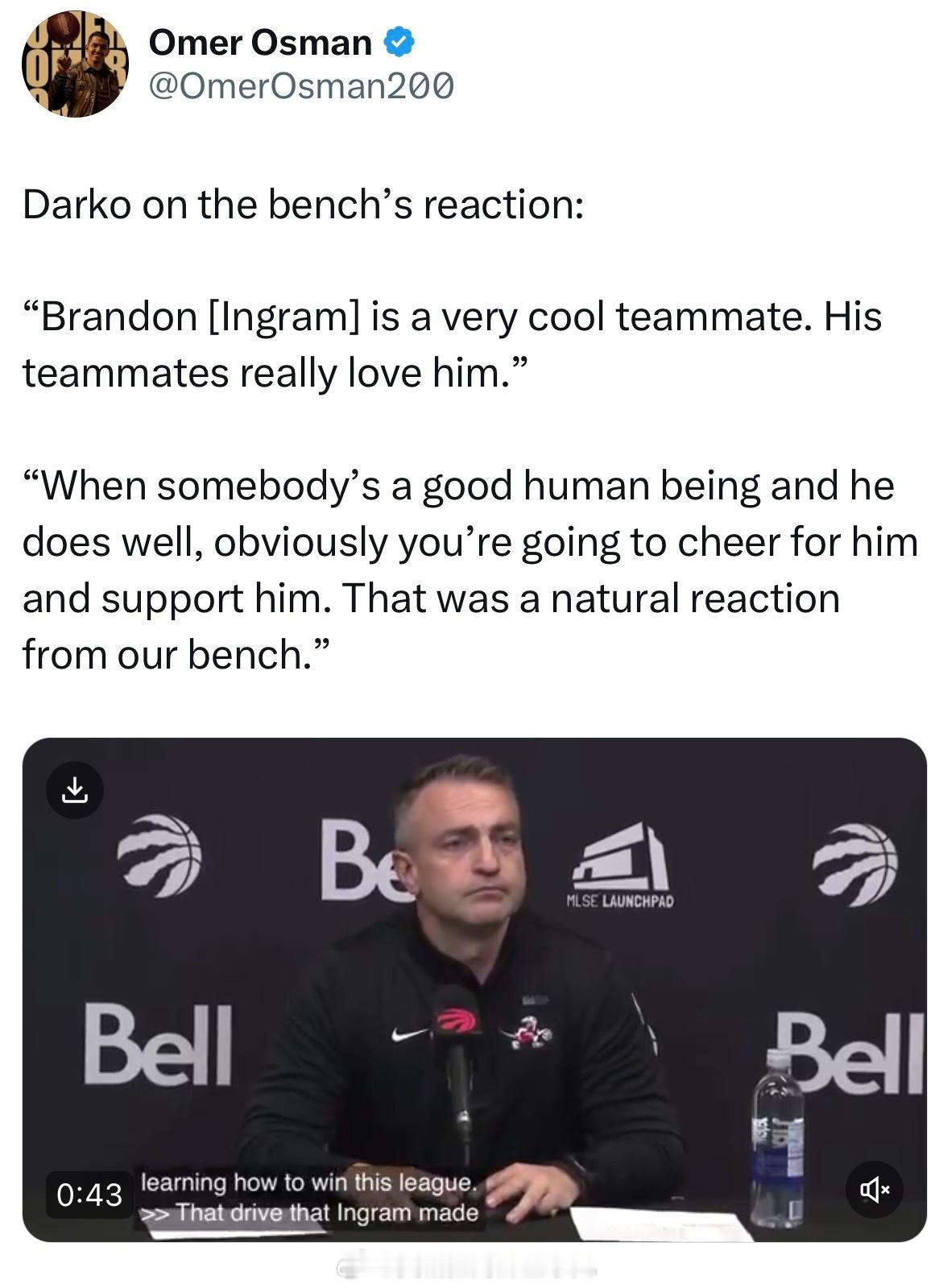 达尔科教练：英格拉姆是一名很酷的队友，他的队友们非常喜欢他。英格拉姆是很好的一个