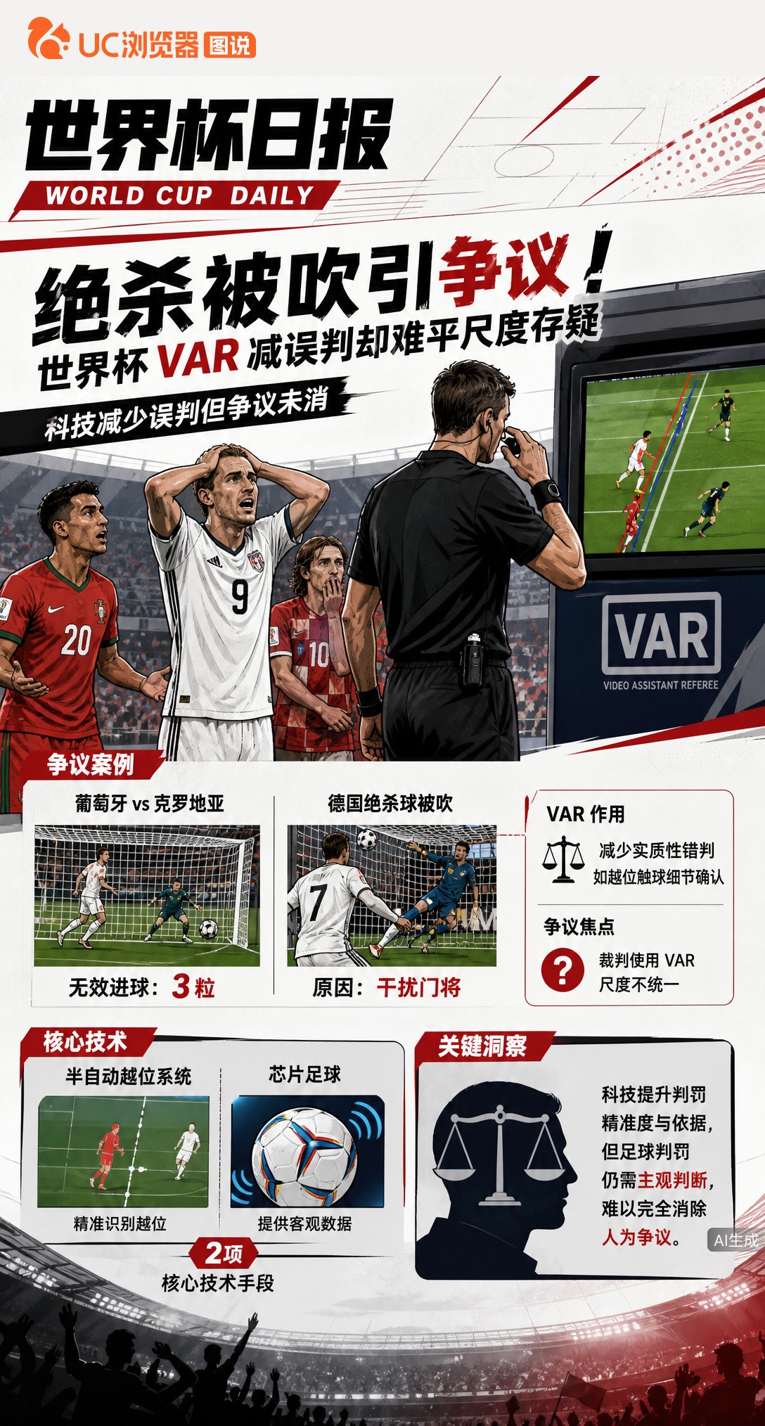绝杀被吹引争议！世界杯VAR减误判却难平尺度存疑