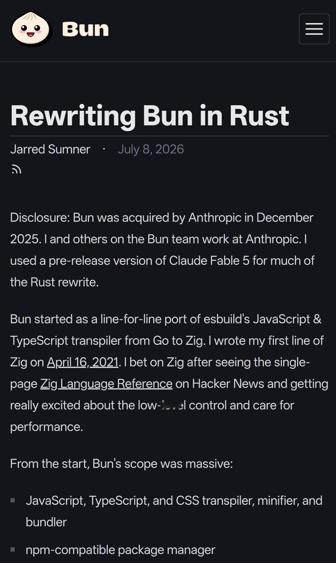 Bun团队终于发官博分享他们用Rust重写Bun的过程了，也透露了就是用的