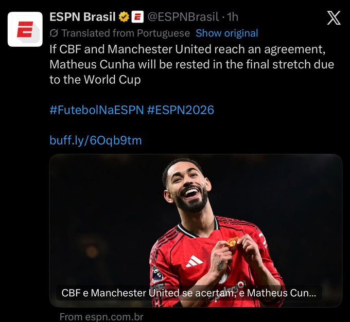 【澄清消息】ESPN巴西的原话是如果巴西足协和曼联达成协议，库尼亚将在世界杯前轮