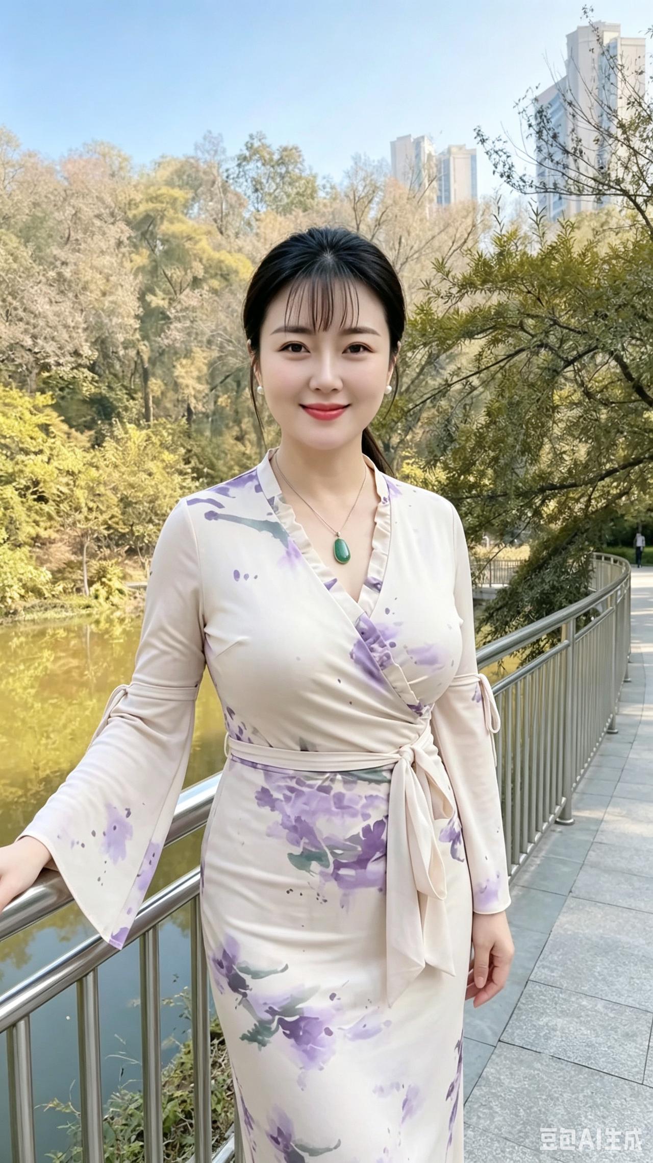 湖畔佳人碧水秋林绕岸延，花裙雅韵胜云烟。莹润玉坠添眉眼，温婉娇颜自带甜。闲