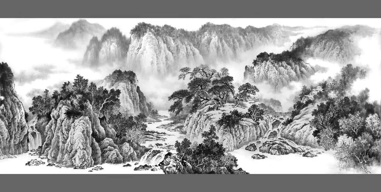 溪山流泉。水墨山水创作者中心创作灵感文人山水画国画山水