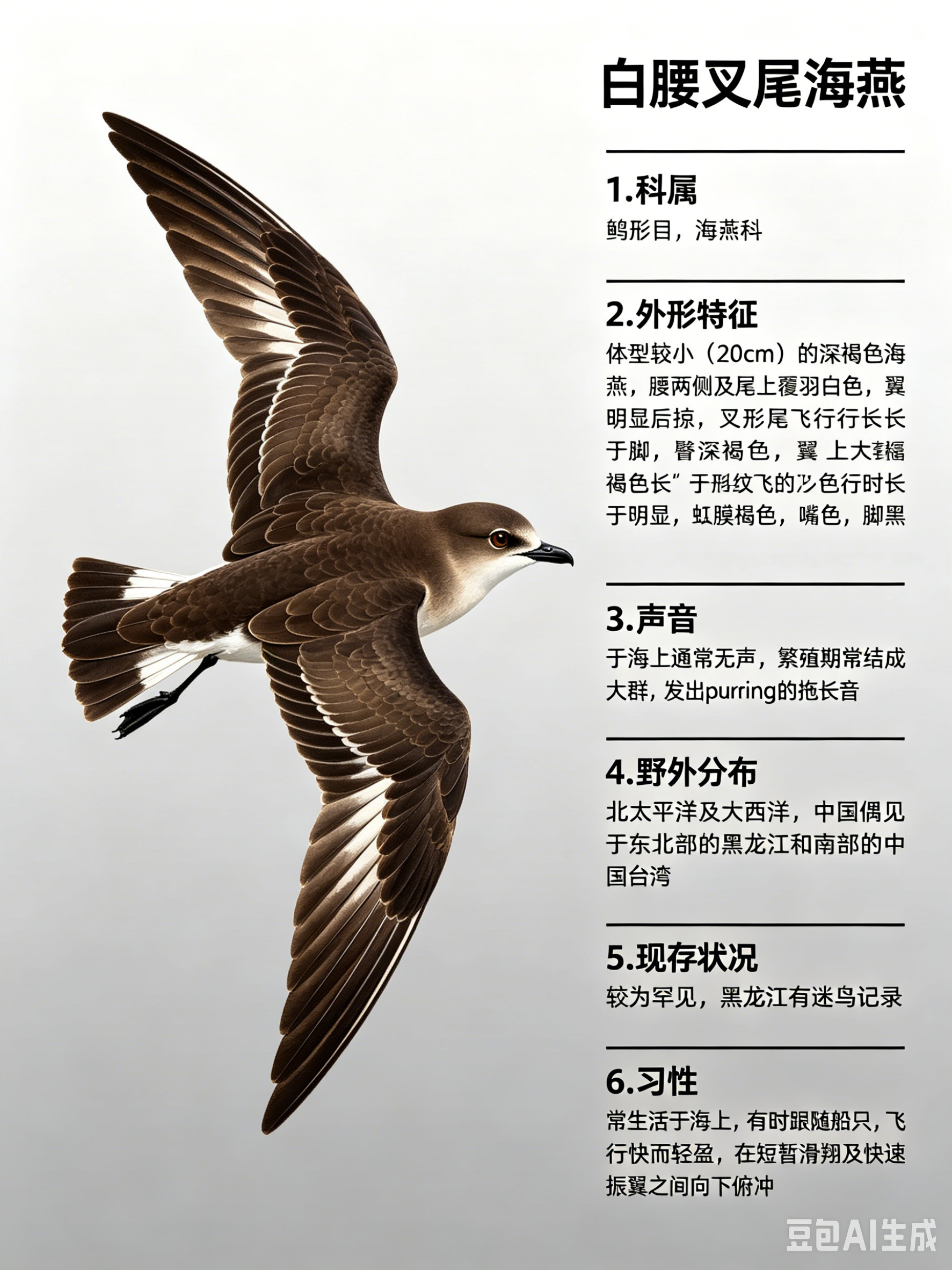鸟类朋友图鉴白腰叉尾海燕·科属：鹱形目，海燕科。·外形特征：体型较小（20cm