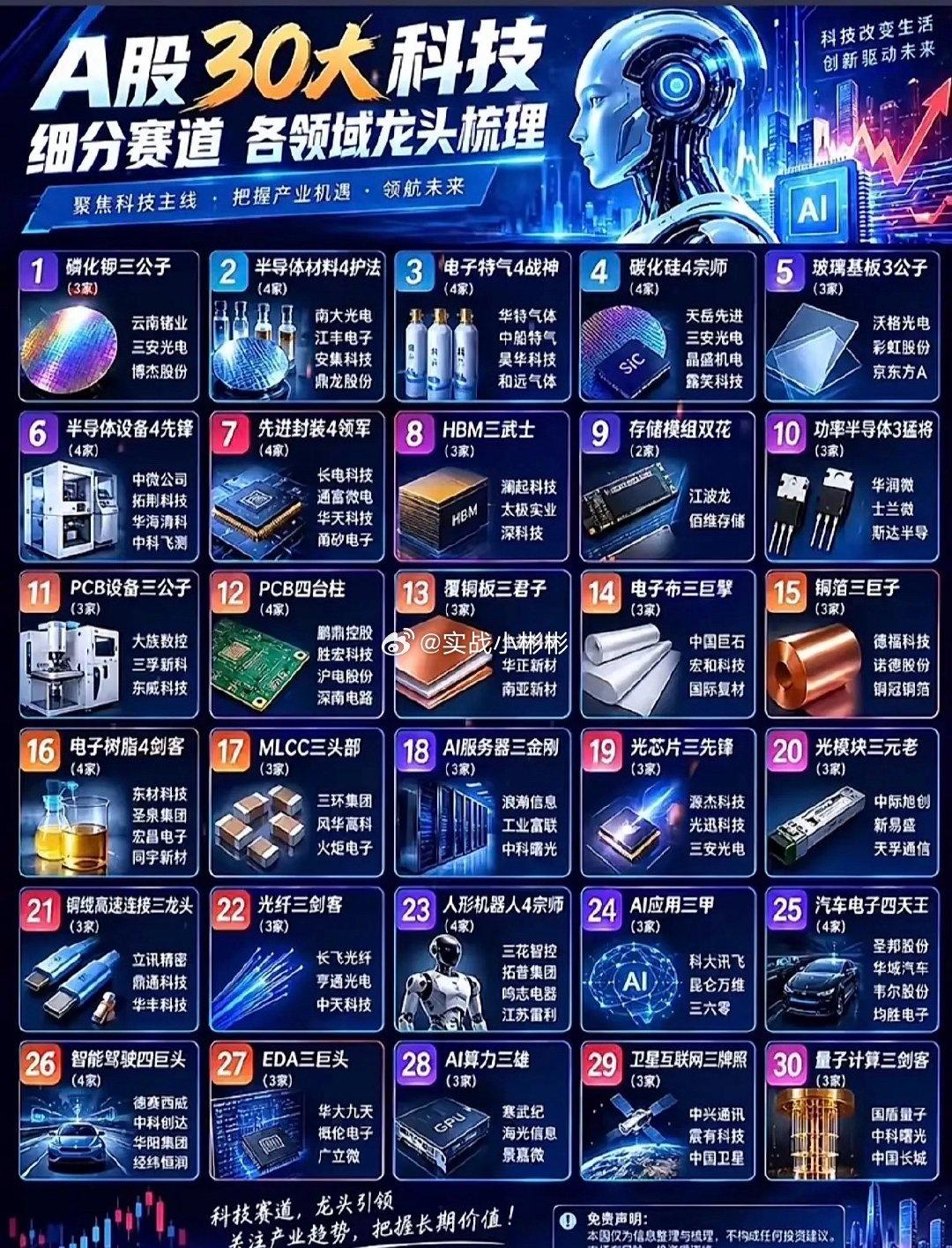 这张图列出了30个科技领域的龙头公司。​​​