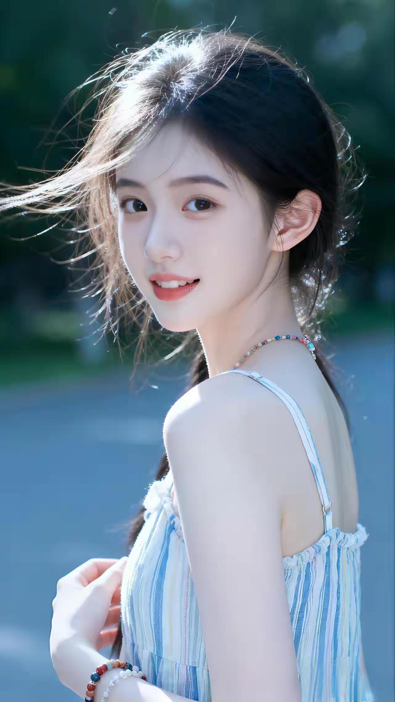 阳光下的纯真少女，甜美笑容，微风轻拂发丝，清新自然。自然清新美少女温柔甜美少女