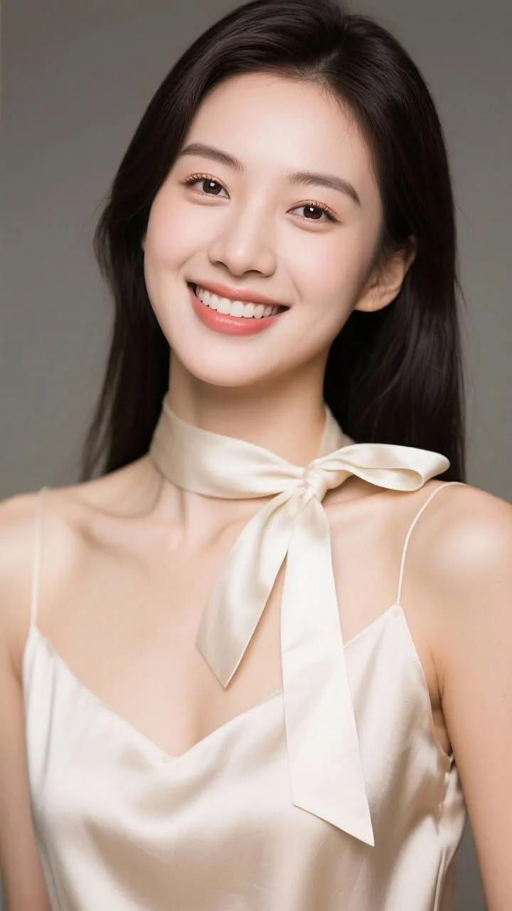 温柔甜美的微笑，优雅的白纱连衣裙，散发着迷人的魅力。