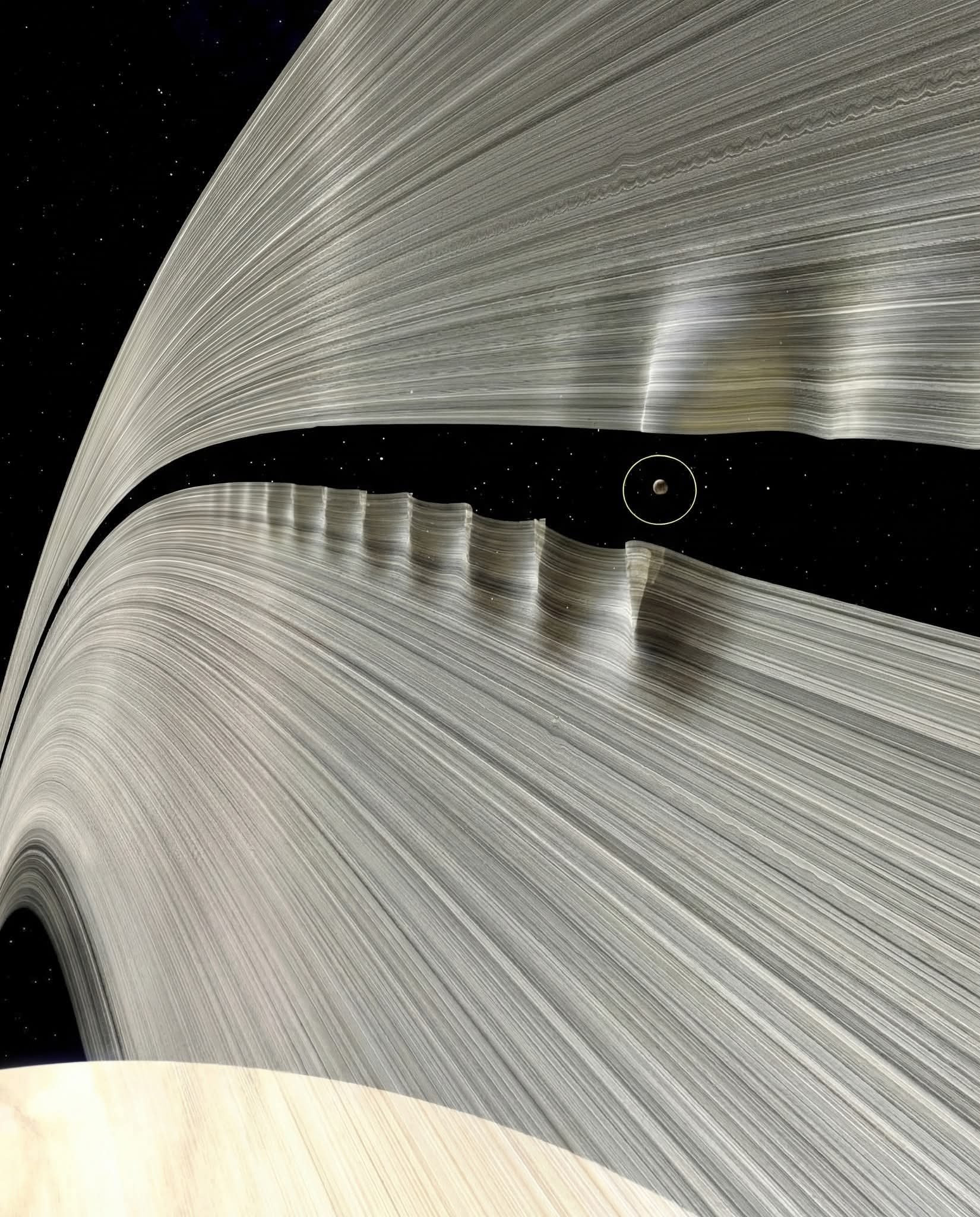 一颗小卫星的引力，在土星环中造成了巨大的引力波浪。