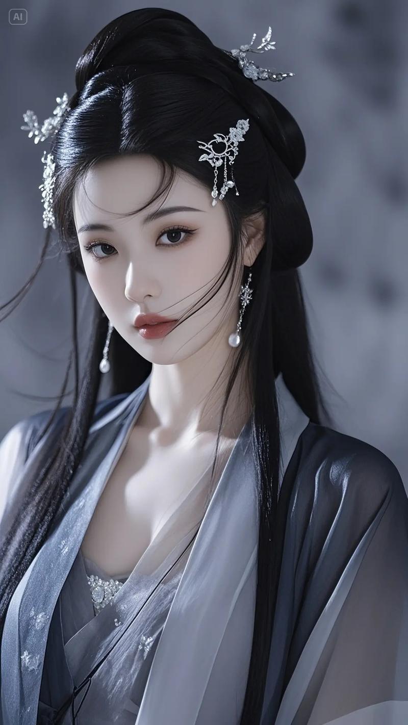 古风美人，黑发如瀑，银饰华美，韵味十足。