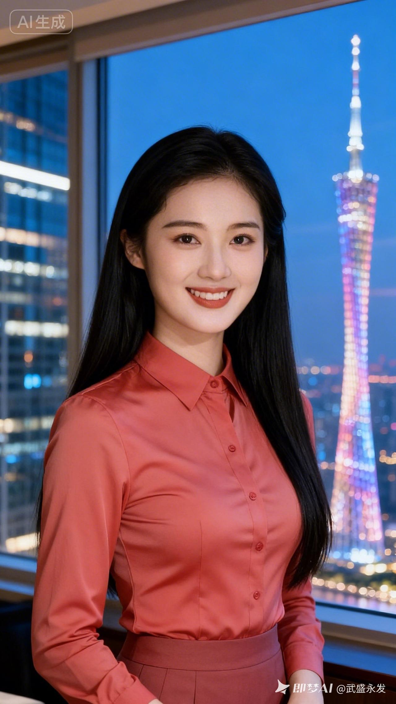 在广州塔下，自信微笑，时尚穿搭，尽显都市女性魅力！