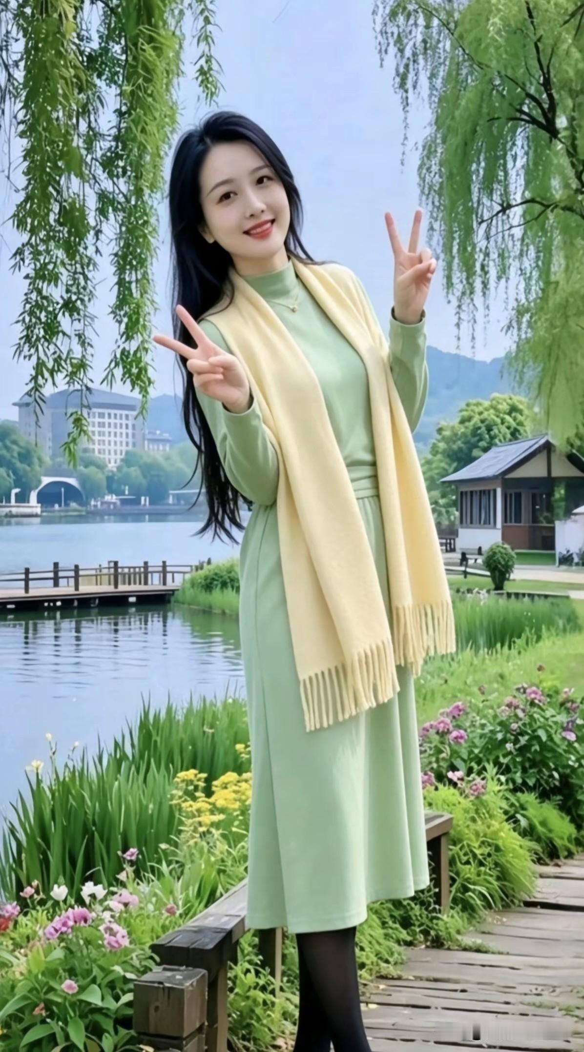 七律·湖岸春晴波漾影柳丝柔，浅草繁花映画楼。翠色罗衣风里软，鹅黄巾帔