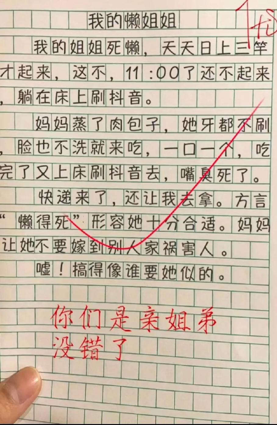 这篇作文把亲姐损惨了！“懒得死”+“祸害别人”，亲姐弟无疑了