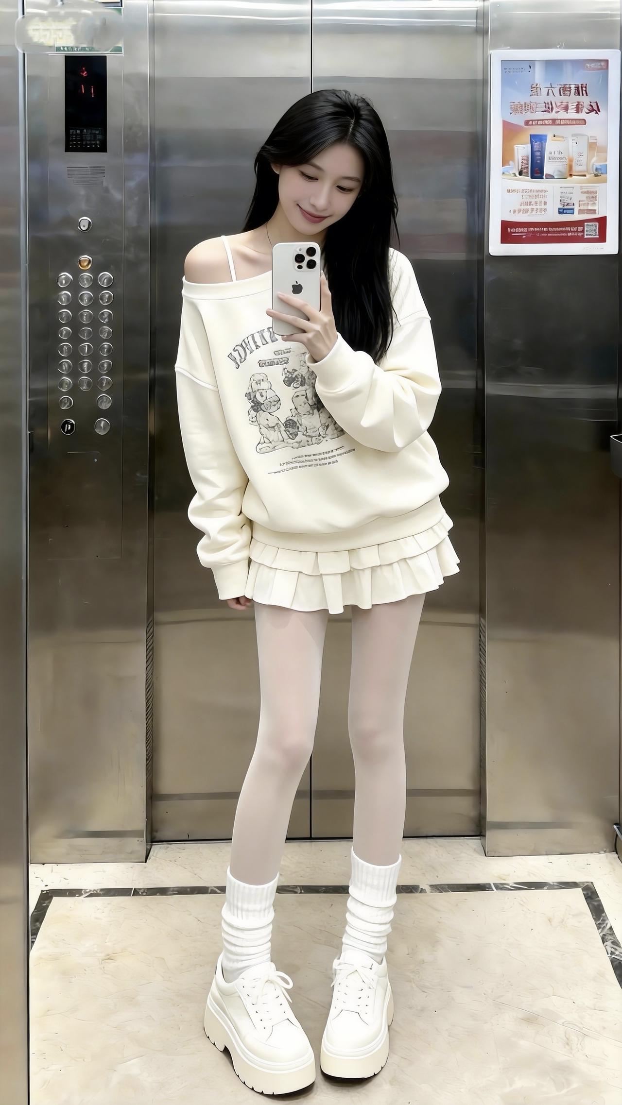这种漫画感甜妹风你们爱了吗？“在电梯间里，奶白露肩卫衣搭蛋糕裙，软萌里藏着点小性