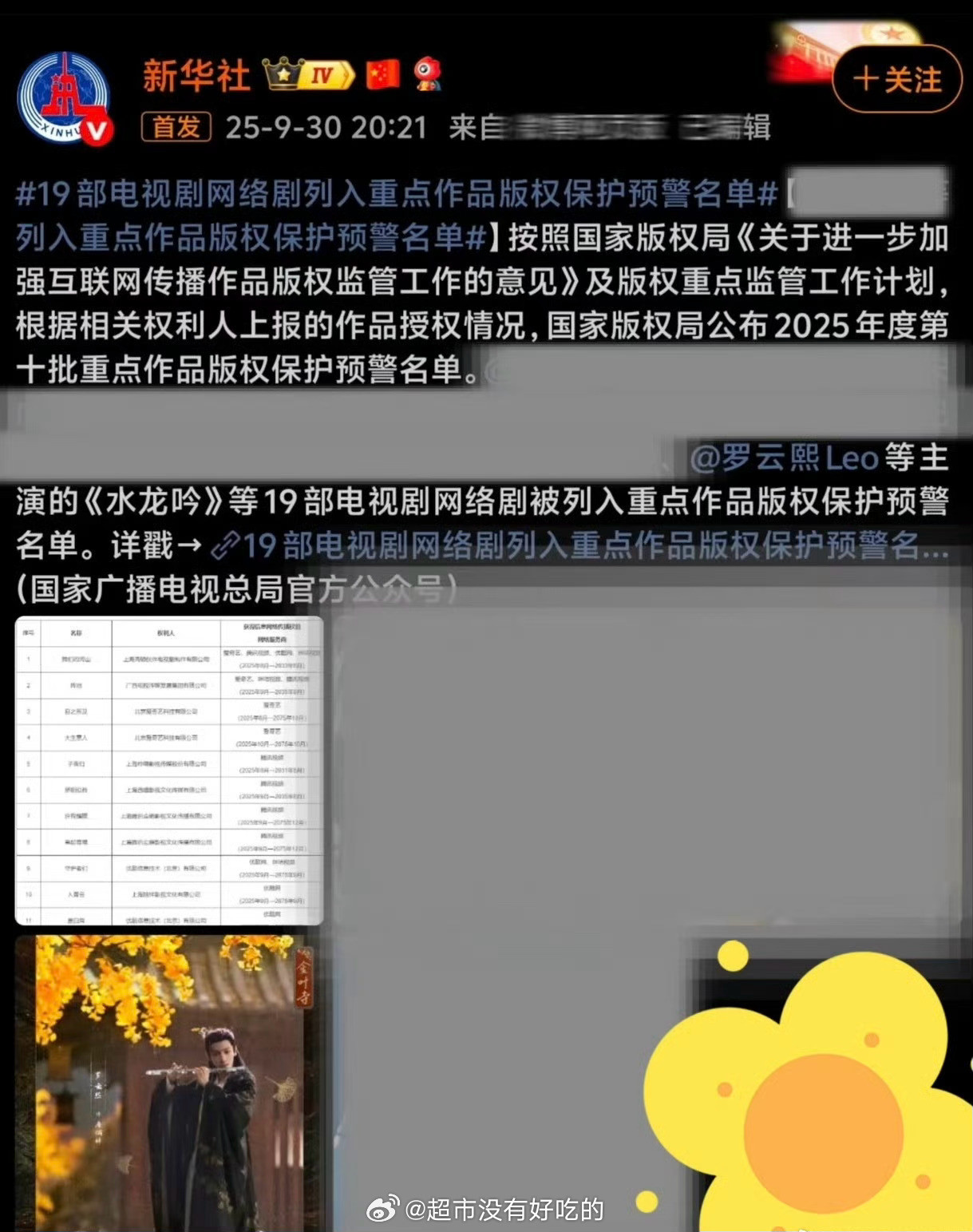 罗云熙《水龙吟》已列入重点版权保护[点赞]来自新华社​​​