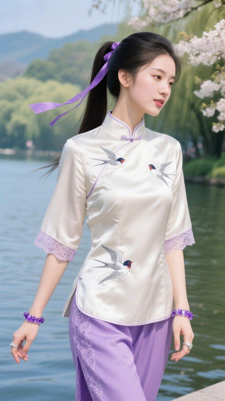 春衫记湖风掠过柳梢，发间紫带轻颤——奶白衫子上，三只春燕衔着晨光，翅尖还凝