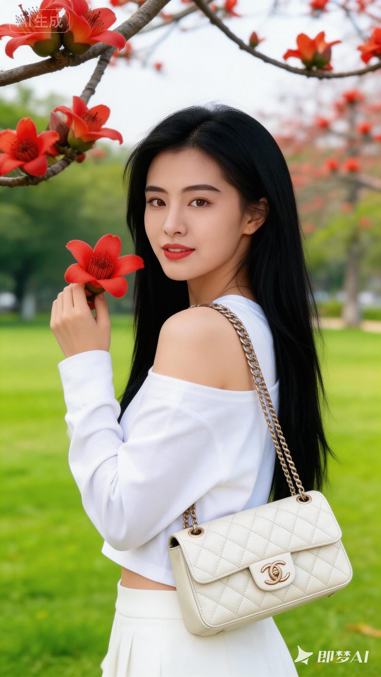 春日花海中的优雅少女，手捧红艳花朵，尽显自然之美。