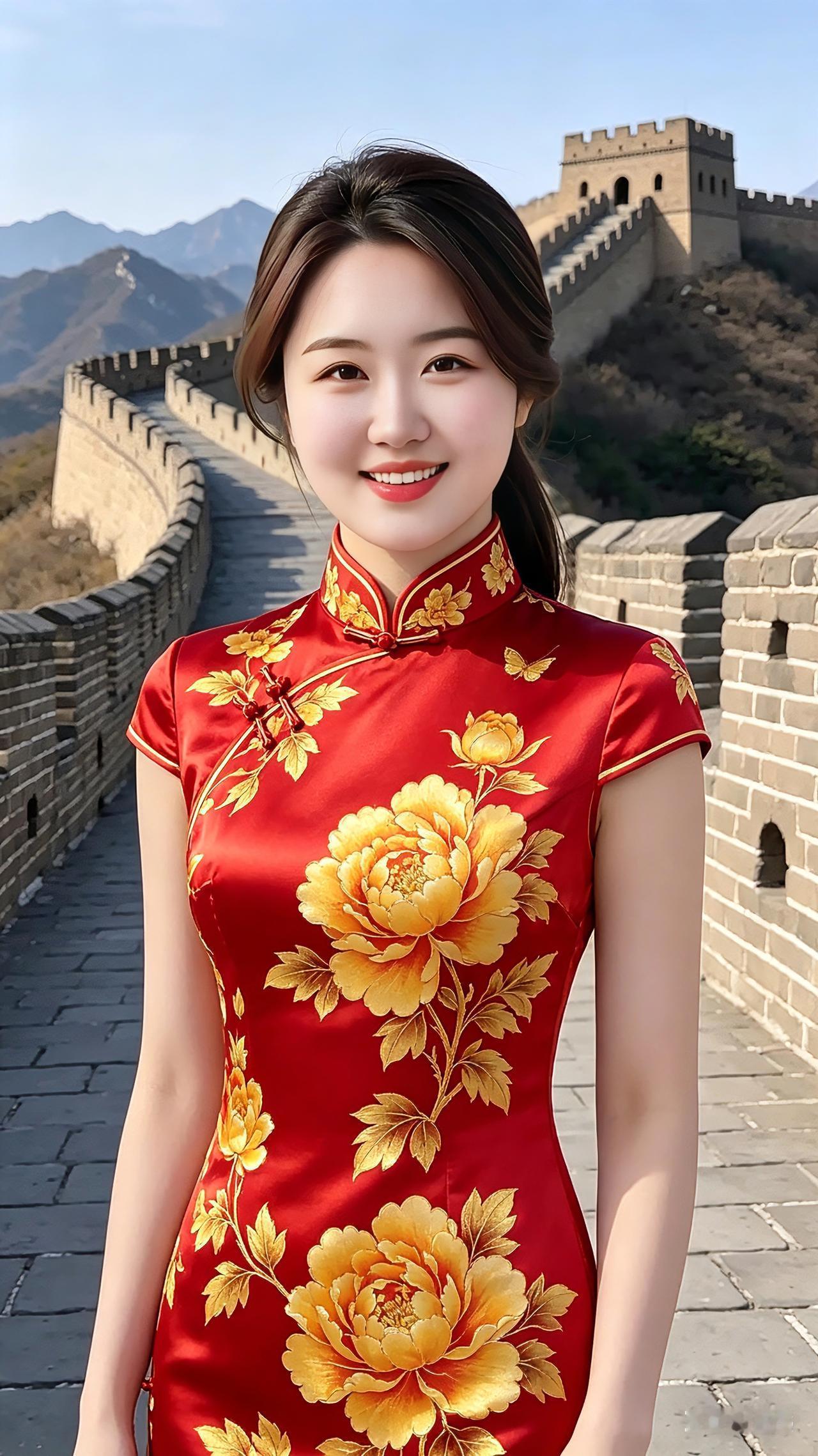 这位姑娘正站在长城跟前拍照。长城之上景致绝佳，一身红旗袍格外醒目。金绣牡丹缀满
