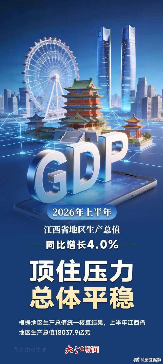 【顶住压力！江西上半年GDP同比增长4.0%】7月20日，江西省统计局、国家统计