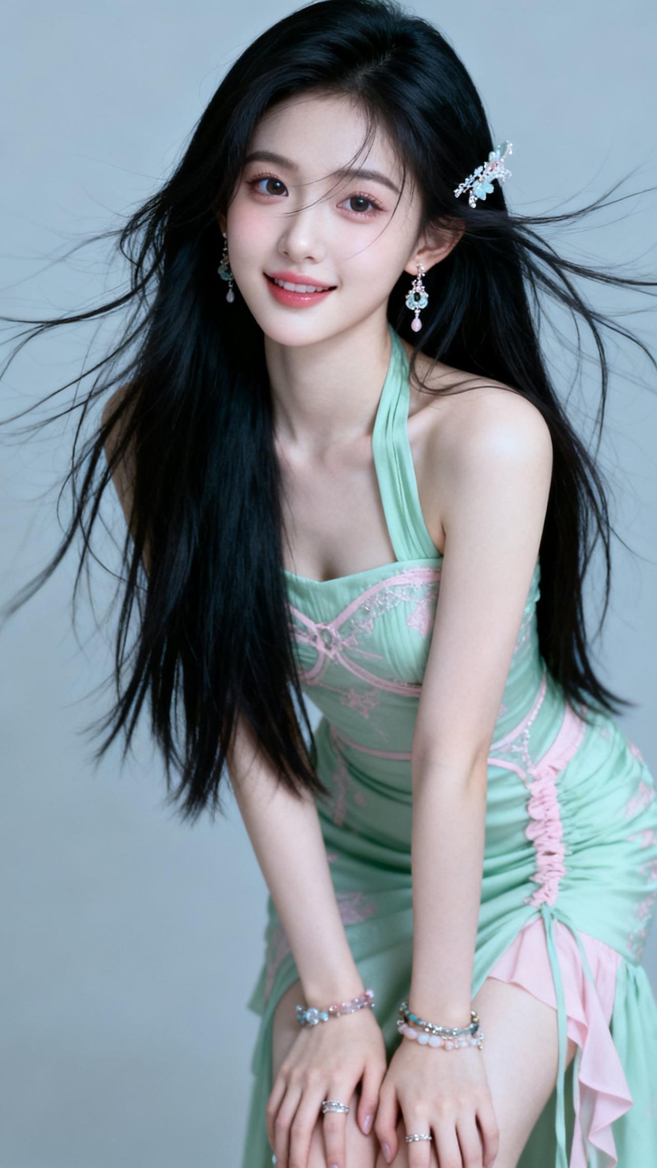 黑发如瀑，笑靥如花。黑亮秀发少女粉黑发少女