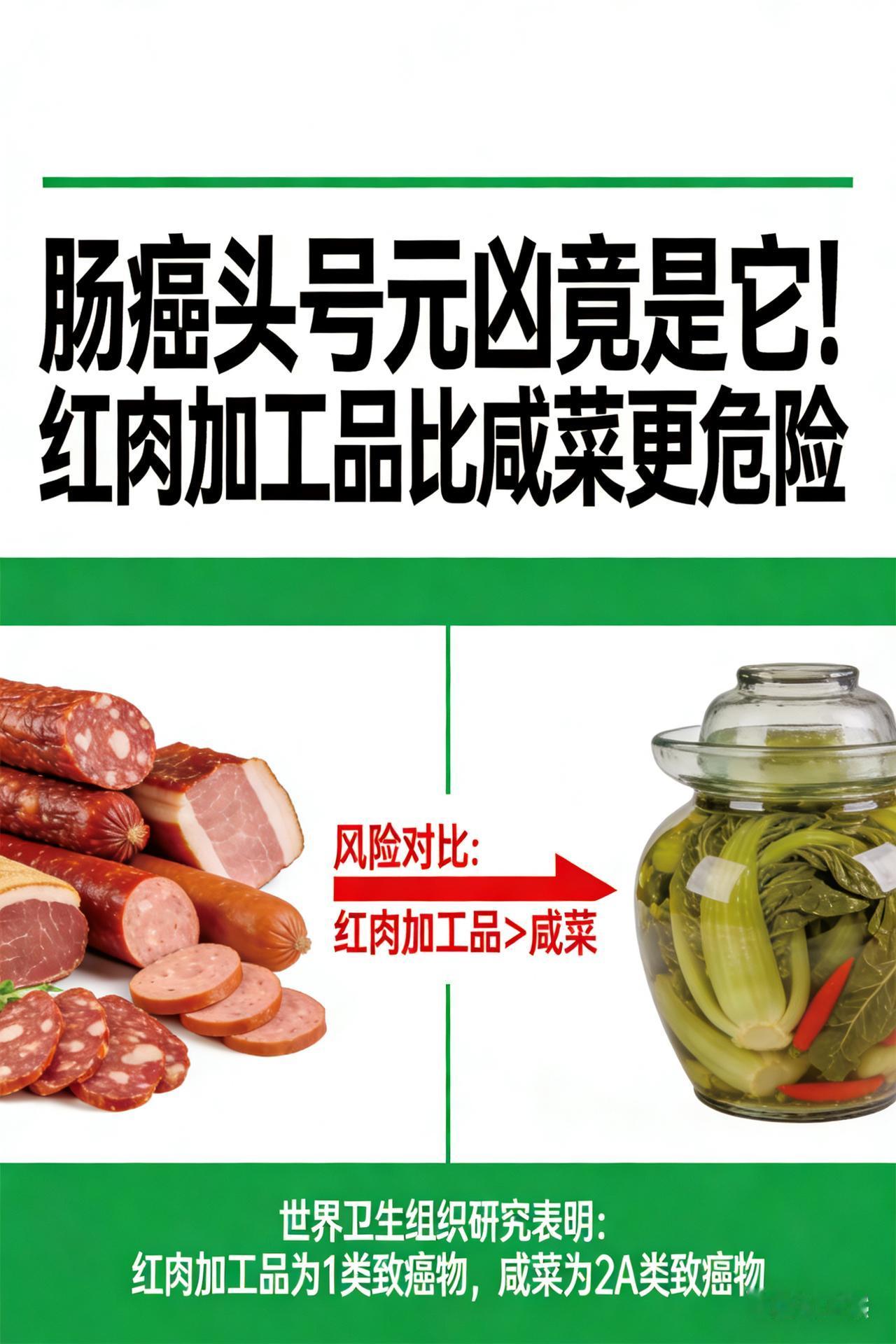 肠癌头号元凶竟是它！红肉加工品比咸菜更危险大肠癌“元凶”大揭秘！咸菜竟未上榜
